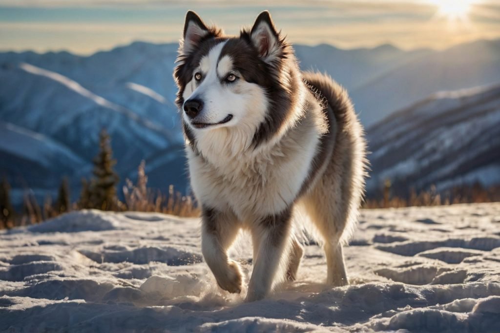 A majestic Canadian Eskimo Dog with thick fur shimmering in the sunlight, standing proudly against snowy mountains, embodying the strength and beauty of wolf dog breeds.