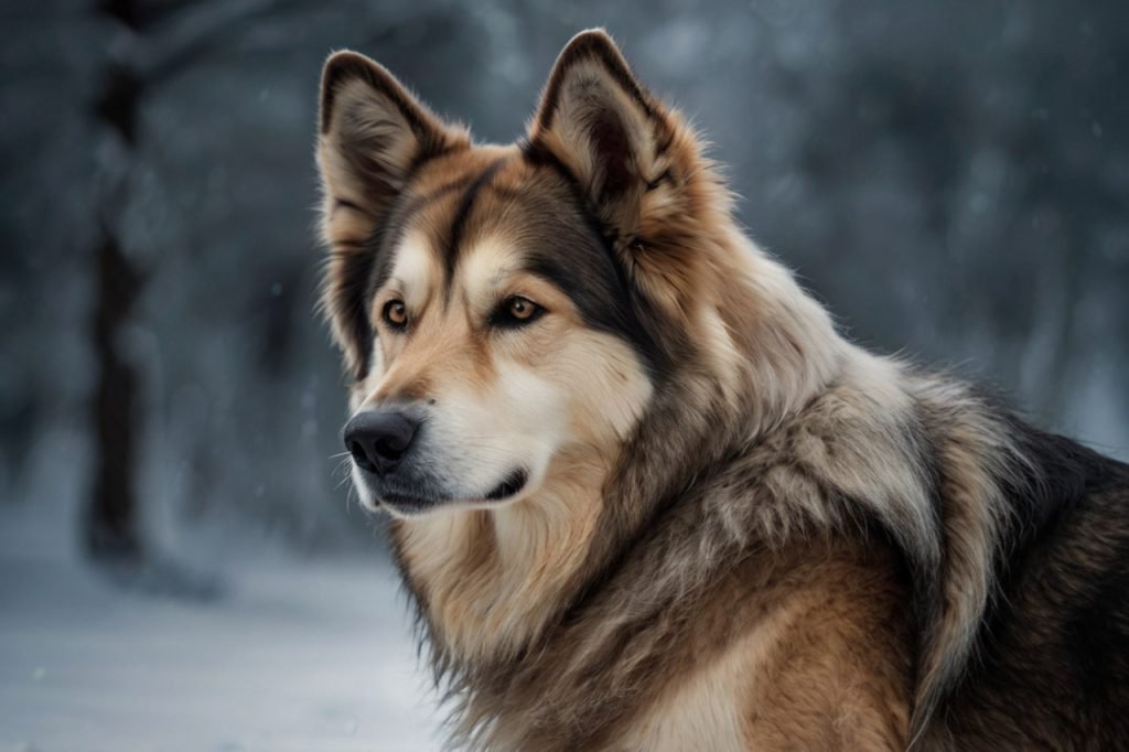 A majestically stoic Utonagan dog with a coat of earthy tones, silver, and white, exuding quiet strength and grace. The dog's wise eyes gaze into the distance with serenity and alertness, perfectly capturing the essence of wolf dog breeds.