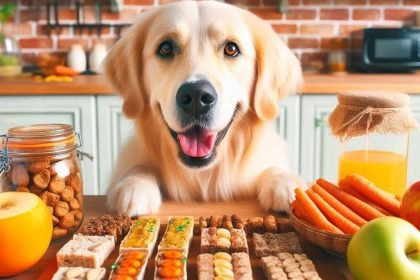 Happy dog in a kitchen with a variety of treats featured in Homemade Dog Treats Videos