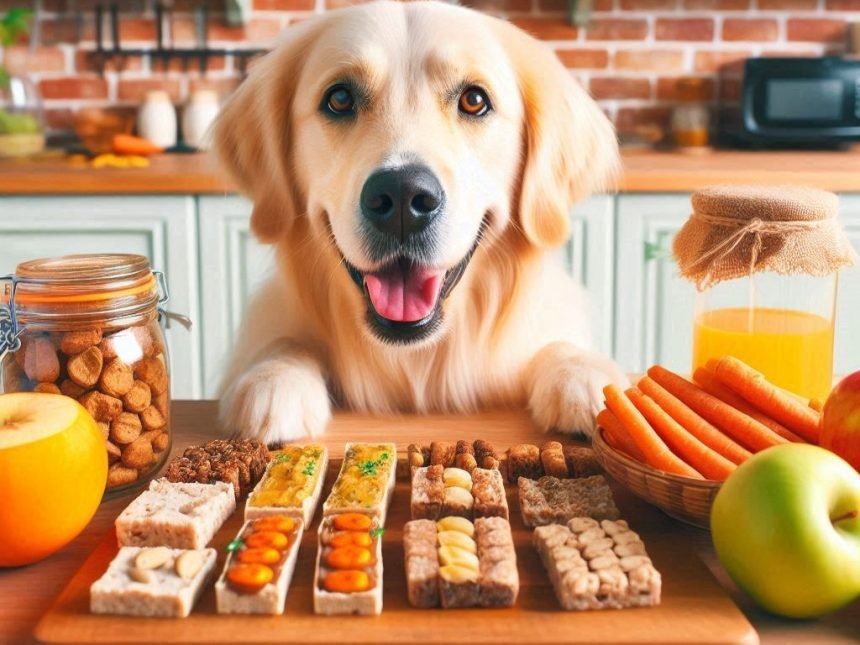 Happy dog in a kitchen with a variety of treats featured in Homemade Dog Treats Videos