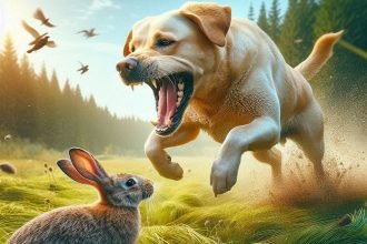 Labrador Retriever in mid-pounce, mouth open, hunting a rabbit in a grassy field. The image showcases hunting instincts, ideal for 'Hunting Dog Breeds Videos' content.