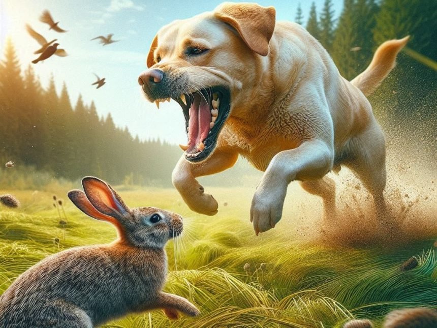 Labrador Retriever in mid-pounce, mouth open, hunting a rabbit in a grassy field. The image showcases hunting instincts, ideal for 'Hunting Dog Breeds Videos' content.