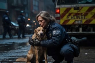 A police woman rescues an abandoned dog at night, showcasing the theme of Nighttime Rescue Dog Videos