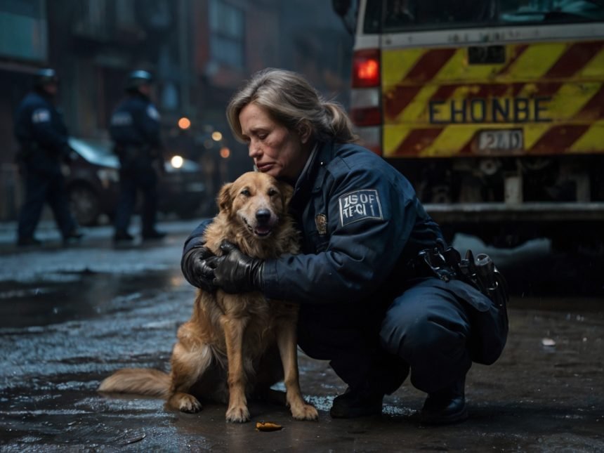 A police woman rescues an abandoned dog at night, showcasing the theme of Nighttime Rescue Dog Videos