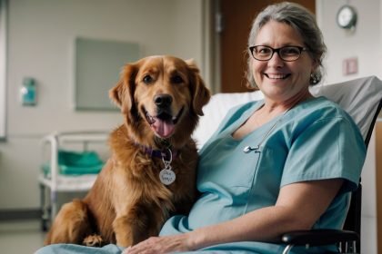 Golden retriever therapy dog spreading smiles to a woman in a wheelchair at a hospital - Therapy Dog videos