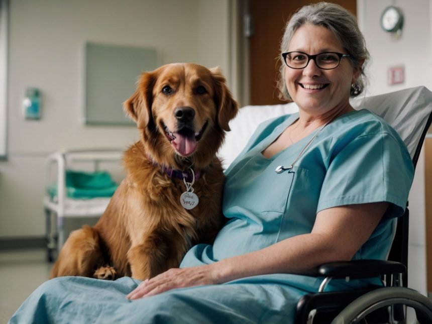 Golden retriever therapy dog spreading smiles to a woman in a wheelchair at a hospital - Therapy Dog videos