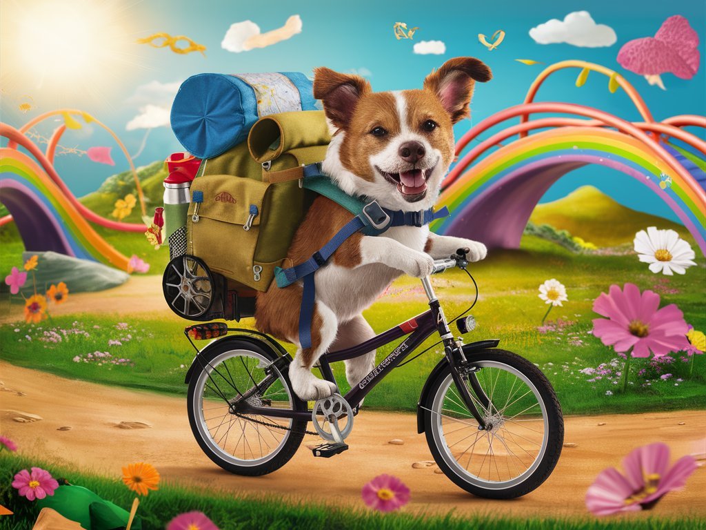 A delightful illustration of a happy dog, wearing a miniature backpack and expertly navigating a travel bike. What Dog Breed Should I Get Quiz.