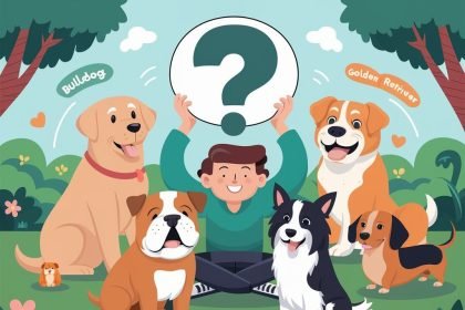 A person holding a large question mark surrounded by cartoon-style dog breeds including Labrador Retriever, Bulldog, Golden Retriever, Border Collie, Shih Tzu, and Dachshund in a fun park scene with trees, flowers, and playful elements, illustrating the quiz: What Dog Breed Should I Get?