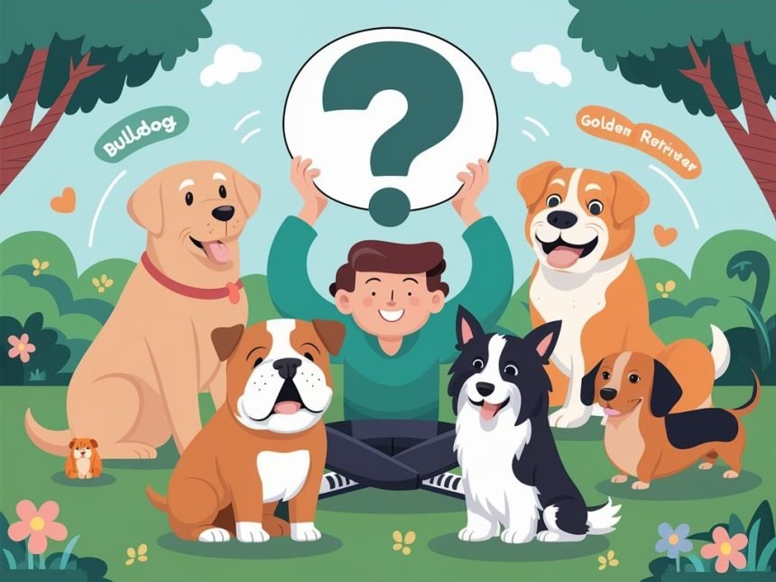 A person holding a large question mark surrounded by cartoon-style dog breeds including Labrador Retriever, Bulldog, Golden Retriever, Border Collie, Shih Tzu, and Dachshund in a fun park scene with trees, flowers, and playful elements, illustrating the quiz: What Dog Breed Should I Get?