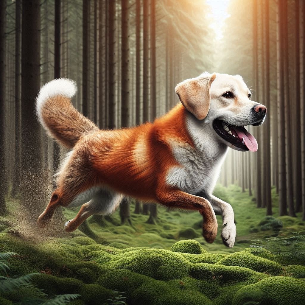 A playful mix of canine and fox, ready for adventure with its fluffy tail held high. Animal Names for Dogs.