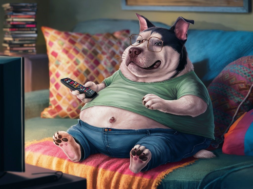 A playful and whimsical illustration of a fat dog with Remote Control sitting on a couch, engrossed in watching a TV screen. What Dog Breed Should I Get Quiz.