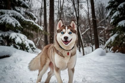 A joyful and energetic female Siberian Husky with striking blue eyes, playing in a snowy landscape, embodying the spirit of Female Siberian Husky Names.