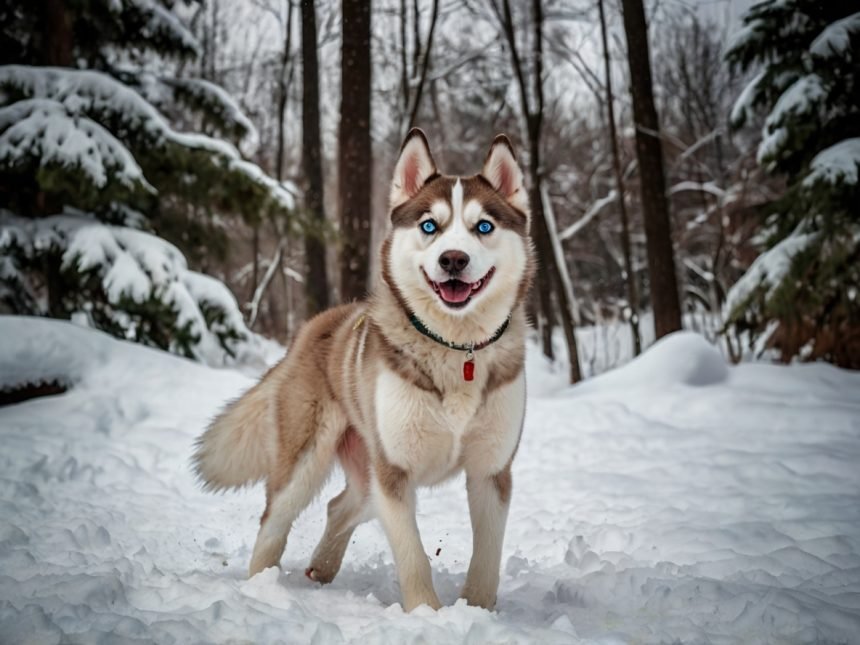 A joyful and energetic female Siberian Husky with striking blue eyes, playing in a snowy landscape, embodying the spirit of Female Siberian Husky Names.