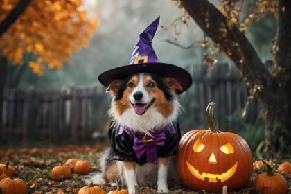 Funny Dog Halloween Costume: Whimsical canine in a pumpkin outfit and witch's hat, radiating charm and playfulness.