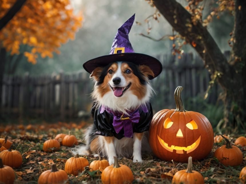 Funny Dog Halloween Costume: Whimsical canine in a pumpkin outfit and witch's hat, radiating charm and playfulness.