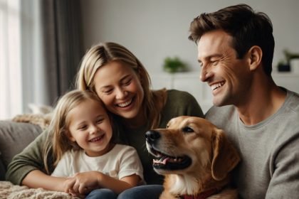 A joyful family and their dog laughing together at home, illustrating the fun of Funny Dog Jokes for Kids.