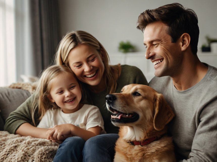 A joyful family and their dog laughing together at home, illustrating the fun of Funny Dog Jokes for Kids.