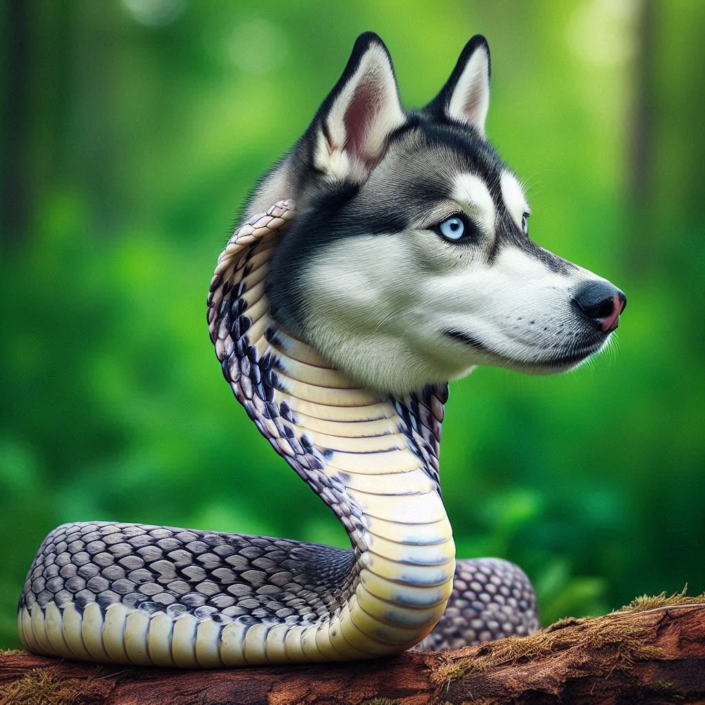 A playful image of a fictional canine-reptile hybrid with features of a Husky and a Cobra. Animal Names for Dogs.