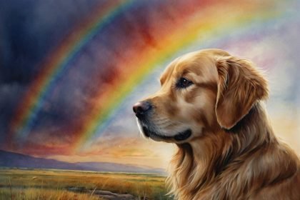 A touching watercolor painting of a golden retriever peacefully resting at the Rainbow Bridge, with a colorful rainbow arching in the background. The dog's serene expression and detailed fur evoke a sense of loss and hope. Perfect for Loss of a Dog Quotes.