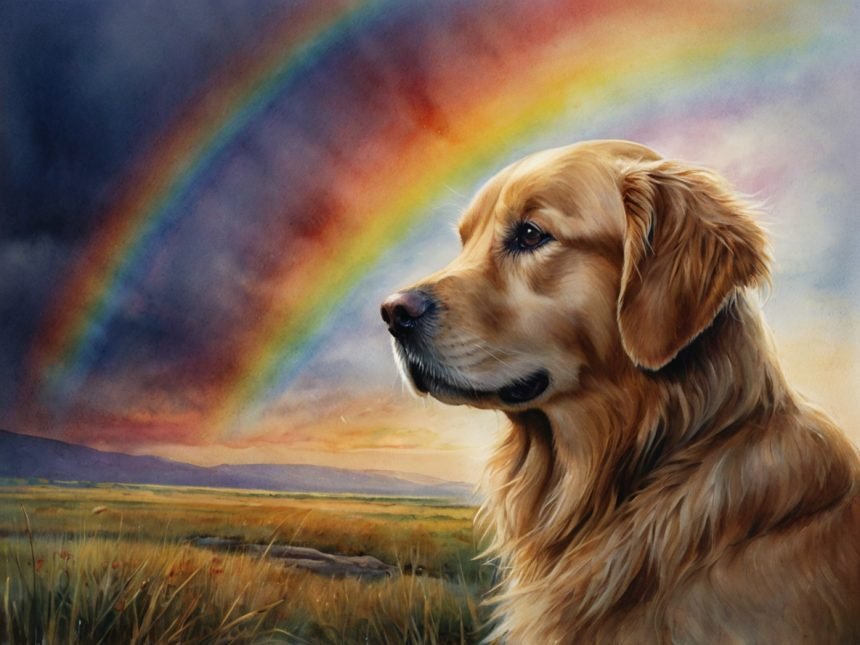 A touching watercolor painting of a golden retriever peacefully resting at the Rainbow Bridge, with a colorful rainbow arching in the background. The dog's serene expression and detailed fur evoke a sense of loss and hope. Perfect for Loss of a Dog Quotes.