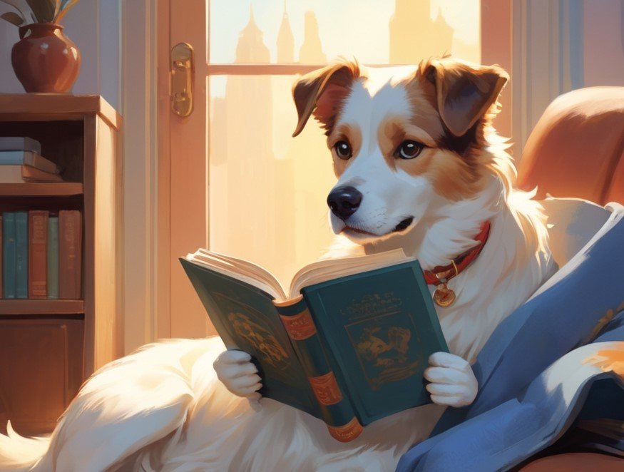 A contented dog lounging in a cozy home with a book on its lap, exuding calm and companionship - What Dog Breed Should I Get