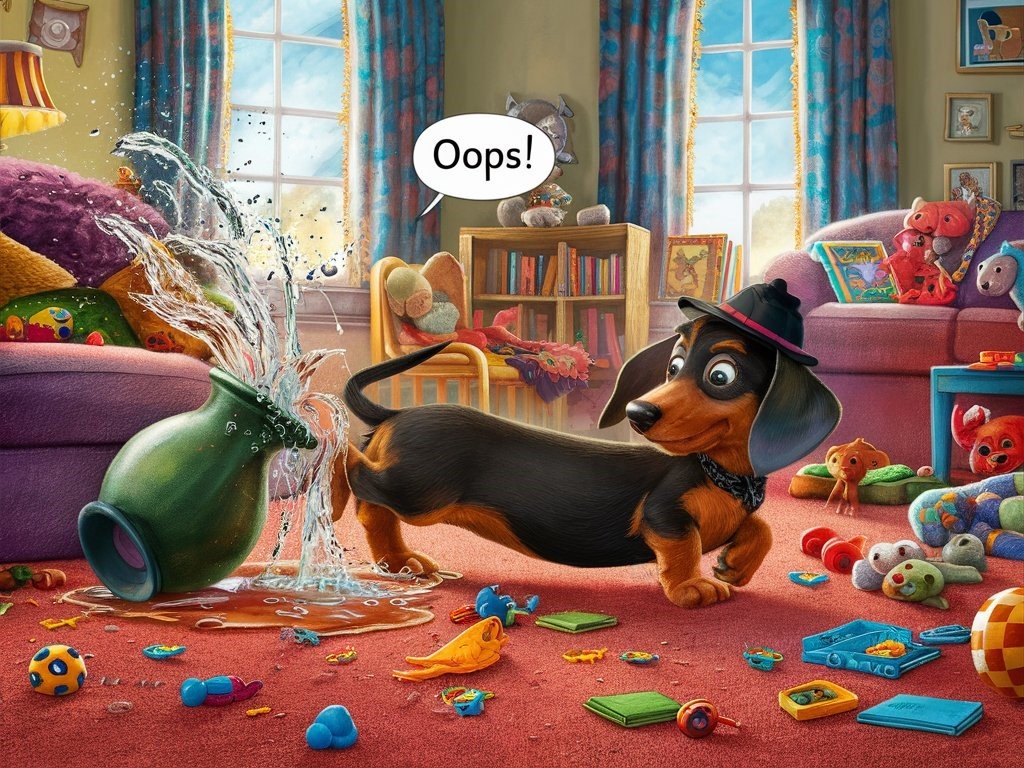 A humorous illustration of a dachshund puppy, wearing a tiny hat, who has knocked over a vase, spilling water and scatterring toys all over the floor. What Dog Breed Should I Get Quiz