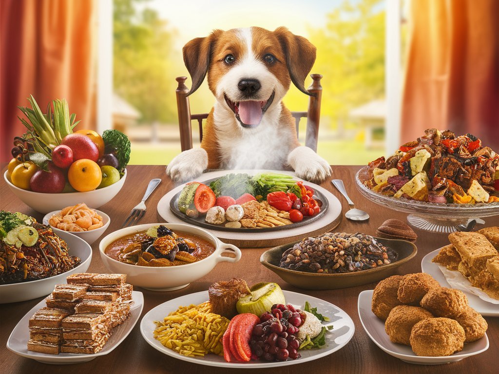 A happy, puppy-eyed dog at a beautifully set table surrounded by a variety of mouth-watering foods, including fresh fruits, veggies, a hearty meal, a sharing platter, energy bars, exotic dishes, and homemade baked goodies - What Dog Breed Should I Get