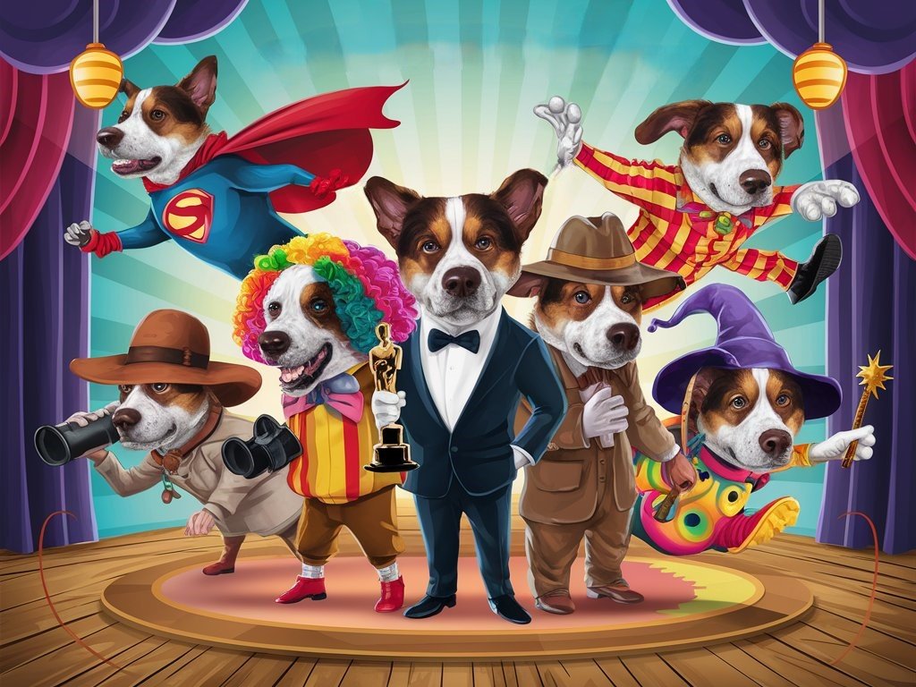 A playful illustration of a dog in various movie genres: superhero with cape, clown with wig and oversized shoes, serious actor in tuxedo with Oscar, explorer with hat and binoculars, wizard with pointed hat and magic wand, and cartoon character with oversized eyes and colorful outfit - What Dog Breed Should I Get