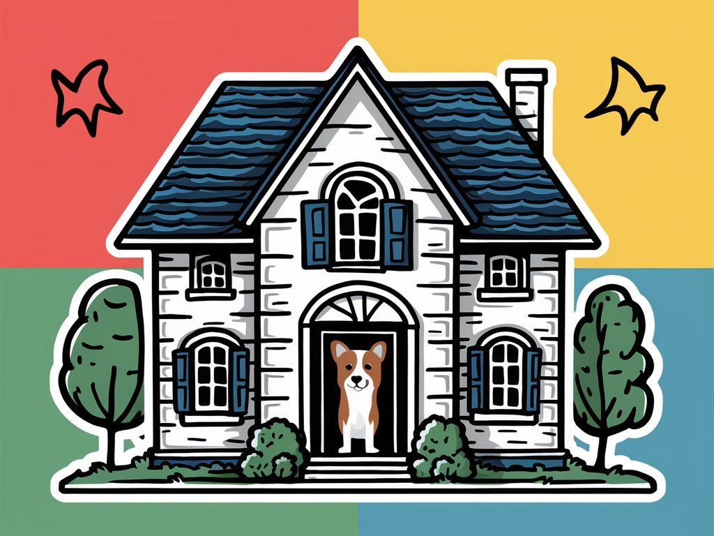 A large house with a dog peeking out of the window, set against a colorful background, creating an engaging and fun scene.