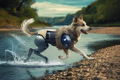 A unique, half-robot, half-dog creature with soft fur and metallic limbs running along a scenic riverside, showcasing a serene landscape with lush green trees and a blue sky. Real or Fake?