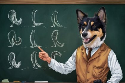 Dog with human features teaching about dog tails for the Guess the Dog Breed by Its Tail quiz.