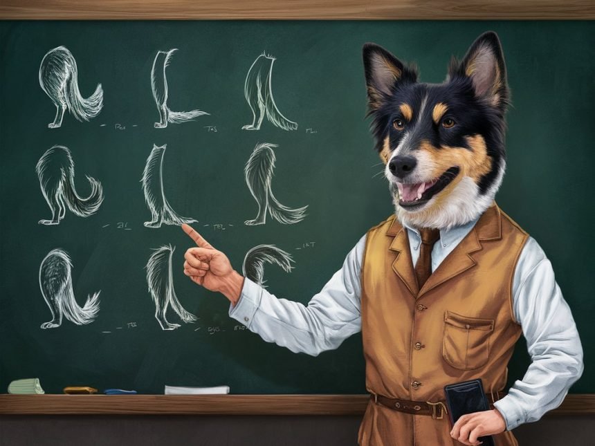 Dog with human features teaching about dog tails for the Guess the Dog Breed by Its Tail quiz.