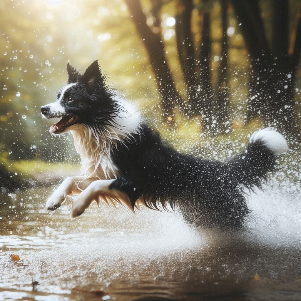 A white Border Collie dog energetically running through water, splashing droplets around, with trees in the background.