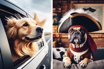 Split-screen image with a Golden Retriever sticking its head out of a car window with wind blowing its fur on one side, and a French Bulldog dressed as a pirate in a cozy living room on the other, separated by a paw-print border. Would You Rather Questions for Dog Lovers