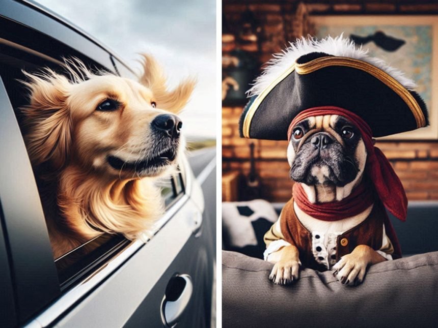 Split-screen image with a Golden Retriever sticking its head out of a car window with wind blowing its fur on one side, and a French Bulldog dressed as a pirate in a cozy living room on the other, separated by a paw-print border. Would You Rather Questions for Dog Lovers