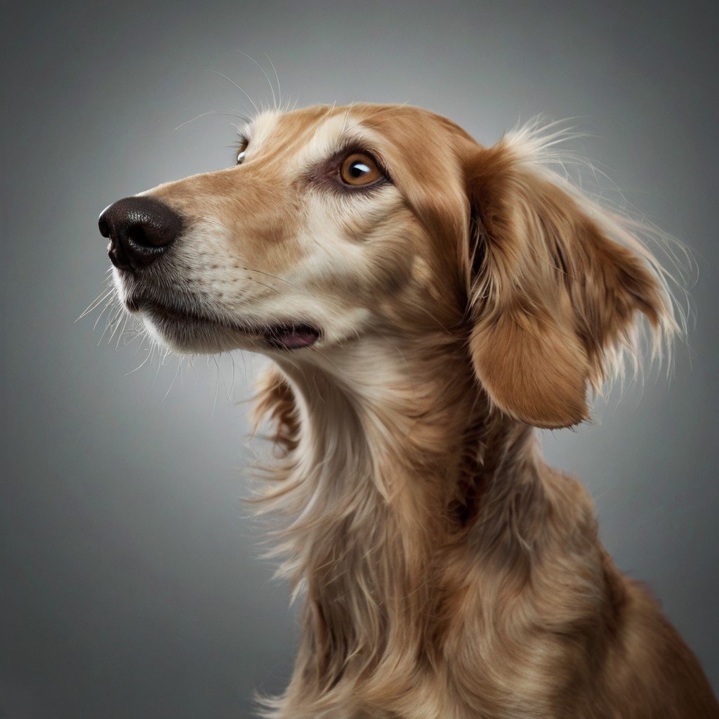 A playful Saluki dog with shimmering fur and expressive eyes, captured in a humorous moment.