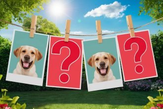 Dog Memory Game: Clothesline with four pictures hanging on it in a sunny backyard— the first and third pictures show an adorable, playful Labrador Retriever, while the second and fourth pictures display red question marks.