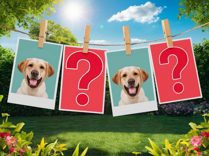 Dog Memory Game: Clothesline with four pictures hanging on it in a sunny backyard— the first and third pictures show an adorable, playful Labrador Retriever, while the second and fourth pictures display red question marks.