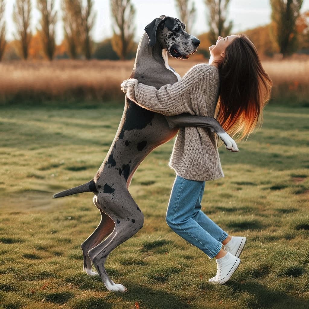 A playful Great Dane dog standing on its hind legs, embracing a woman in an open grassy area. The dog is wagging its tail and the woman is laughing.