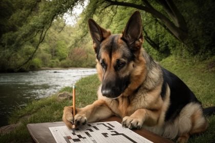 A clever German Shepherd diligently working on a Nature Dog Names Crossword with a yellow lead pencil, sitting on a soft, verdant grass bank by a calm river. The scene, surrounded by lush trees and foliage, is peaceful and charming, highlighting the dog's intelligence and determination while capturing a unique and whimsical moment.