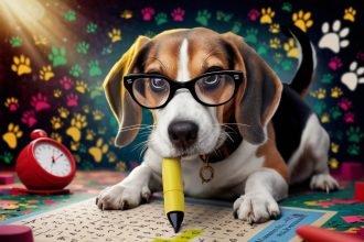 Charming illustration of a beagle solving a dog breeds word search puzzle with a yellow highlighter, perfect for dog lovers and puzzle enthusiasts.