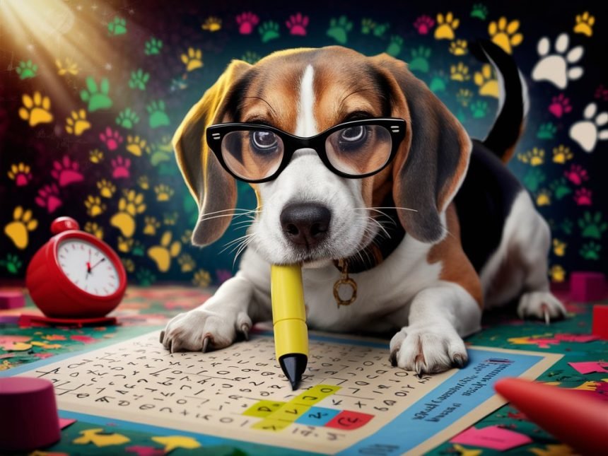 Charming illustration of a beagle solving a dog breeds word search puzzle with a yellow highlighter, perfect for dog lovers and puzzle enthusiasts.