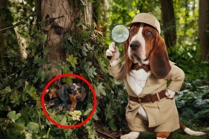 Can you find the hidden dog in this whimsical forest scene featuring an anthropomorphic Basset Hound detective?