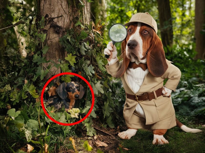 Can you find the hidden dog in this whimsical forest scene featuring an anthropomorphic Basset Hound detective?