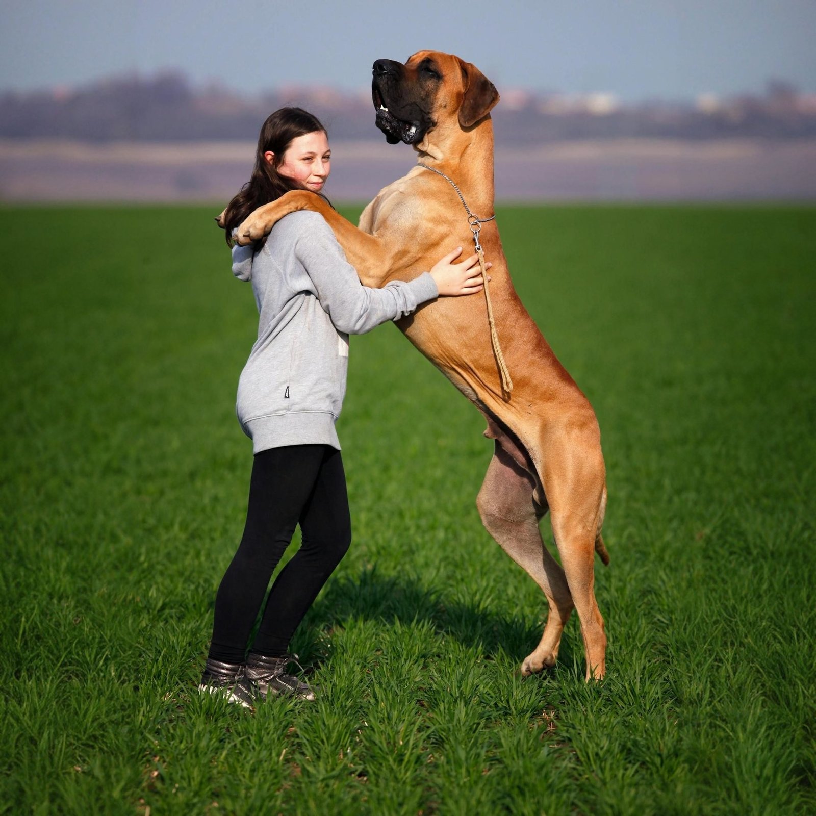 A loving Great Dane stands on its hind legs to embrace a person in a sunny meadow.