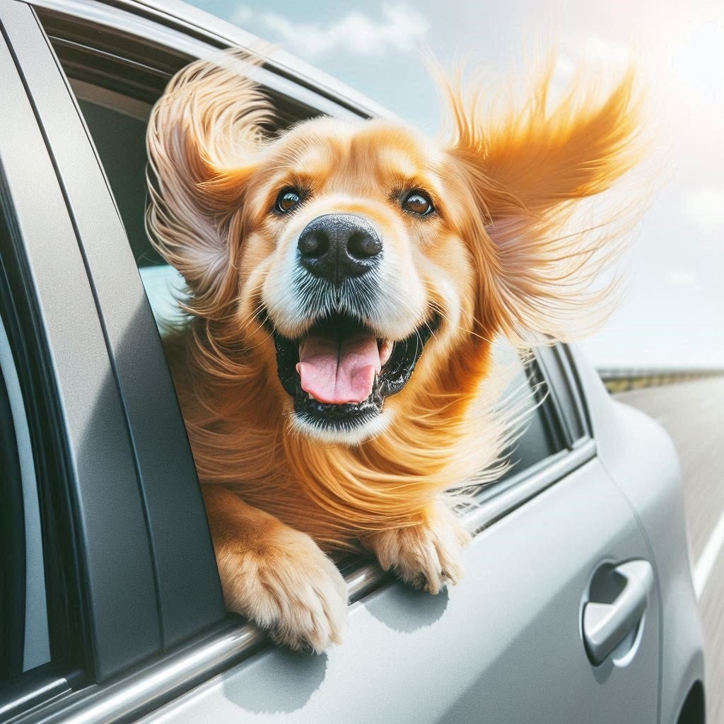 A joyful dog with its head out of a moving car's window, ears and fur blowing in the wind.