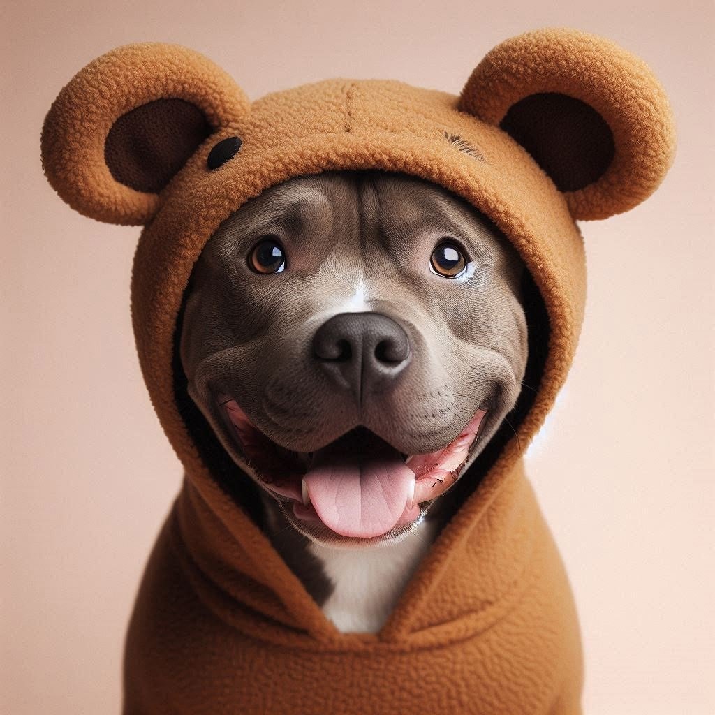 American Pit Bull Terrier in a minimalist bear costume with bear ears.