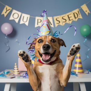 Cheerful dog wearing a party hat celebrating the quiz pass result.