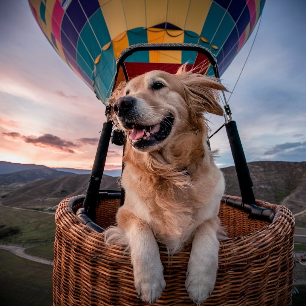 Golden retriever in a colorful hot air balloon above a sunset landscape.