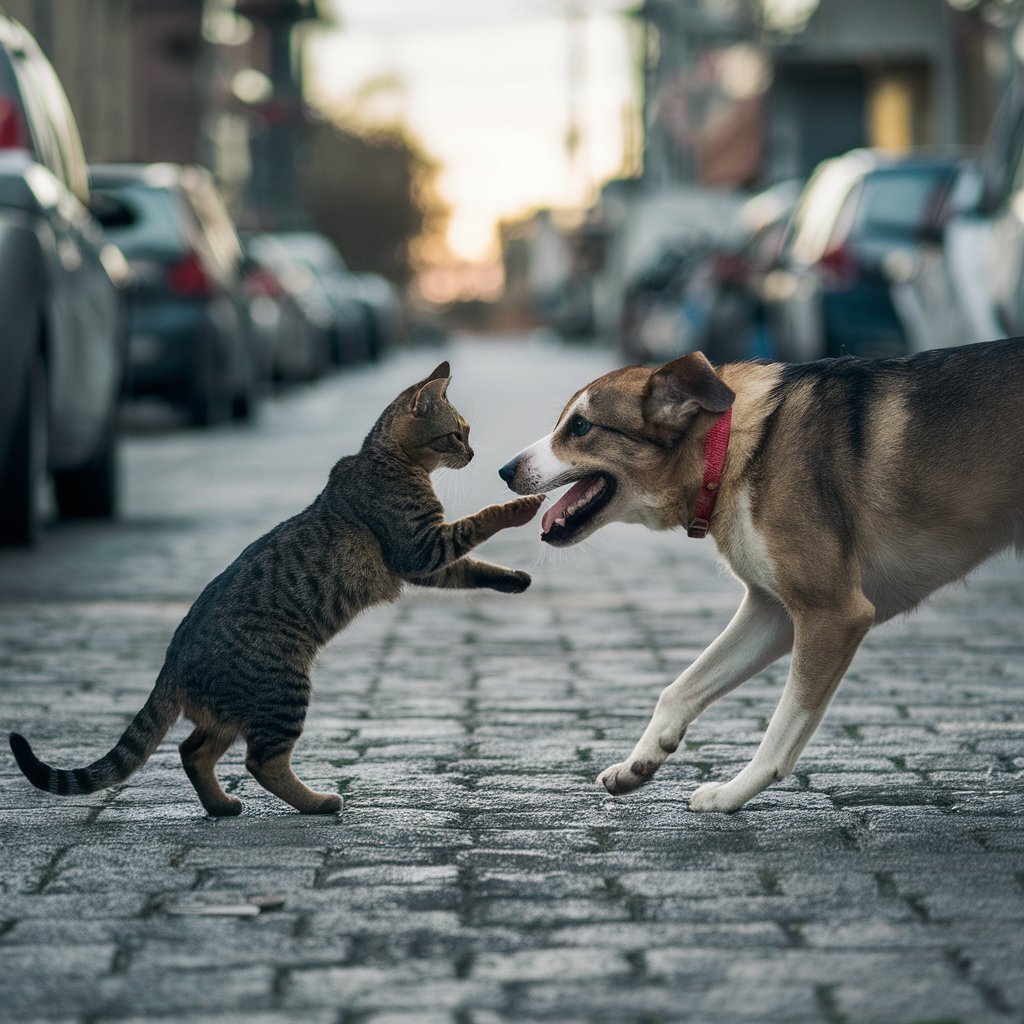 A scrawny cat and a dog in a defensive posture face off in a tense encounter on a city street.